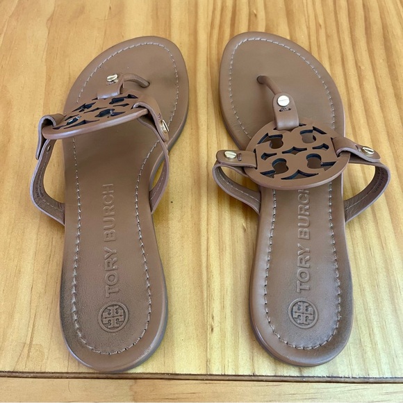 AUTHENTIC TORY BURCH TAN LEATHER MILLER SANDALS - Picture 8 of 15